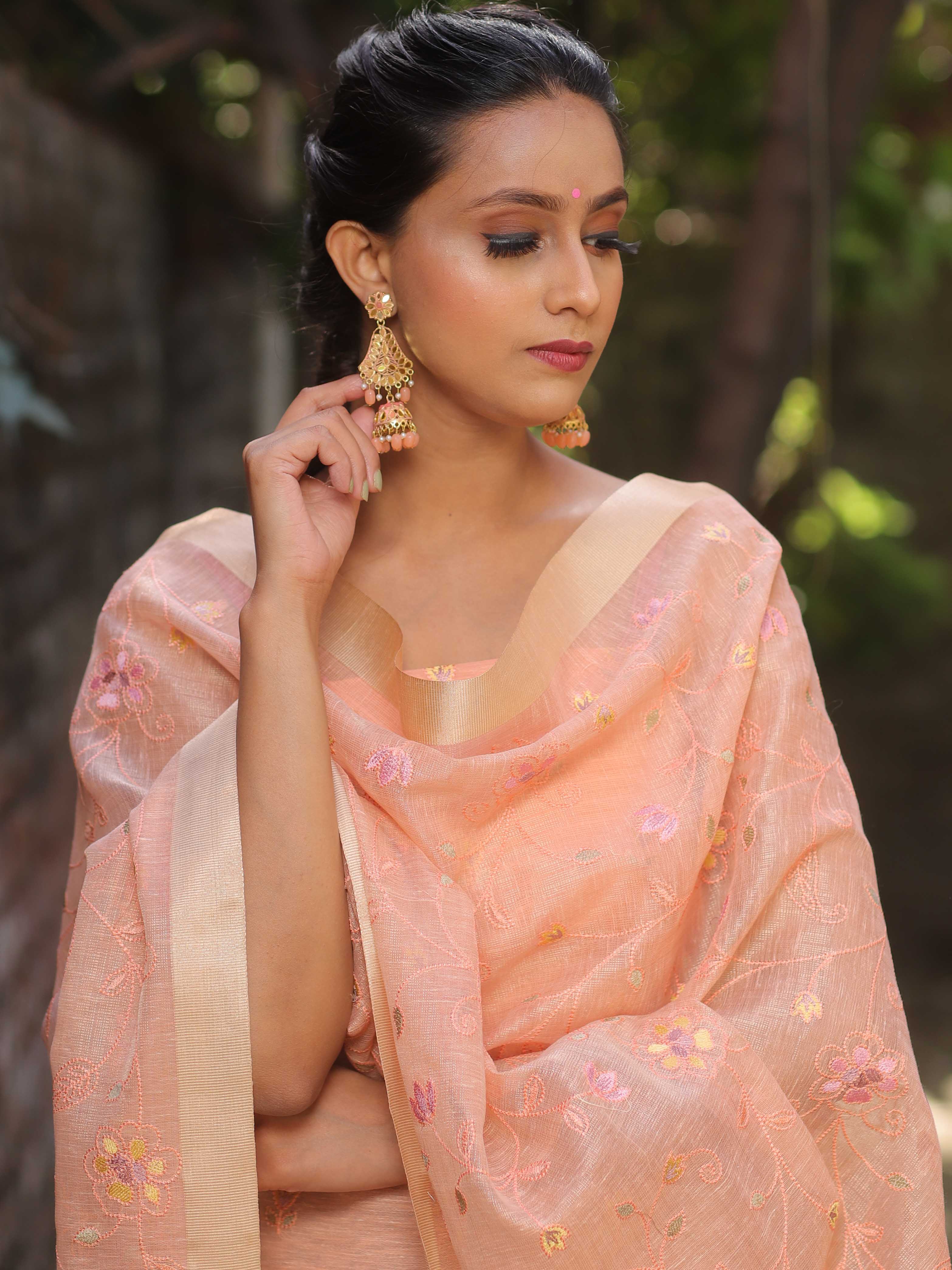Banarasee Embroidered Linen Tissue Salwar Kameez With Dupatta-Peach