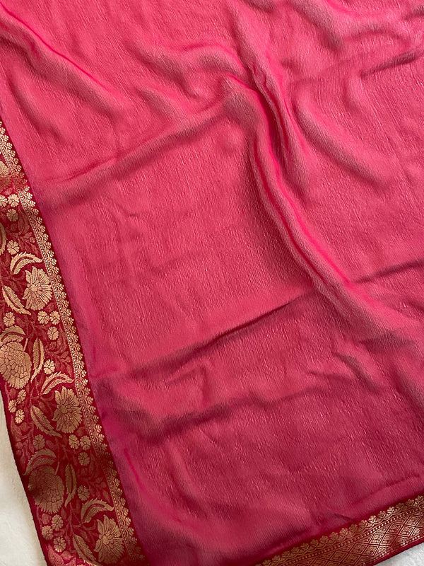 Banarasee Chiffon Blend Saree With Plain Body Zari Border & Printed Blouse-Red & Blue