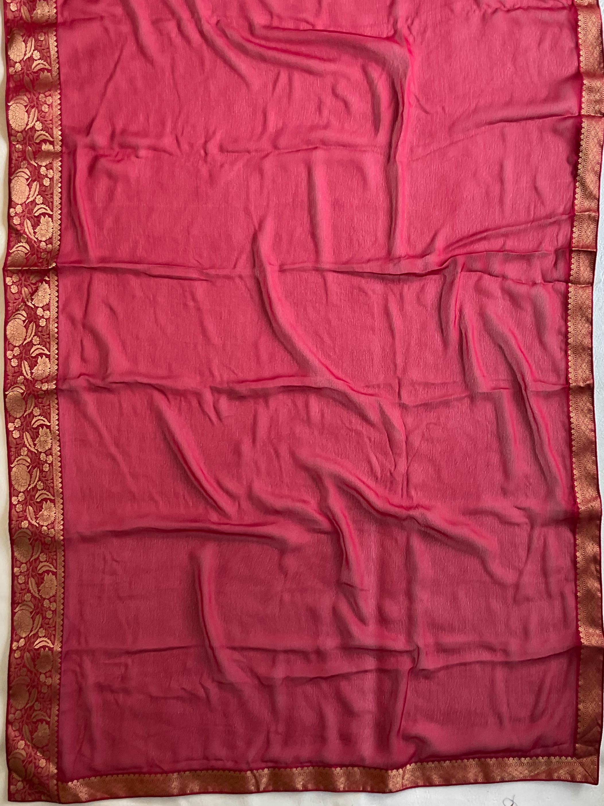 Banarasee Chiffon Blend Saree With Plain Body Zari Border & Printed Blouse-Red & Blue