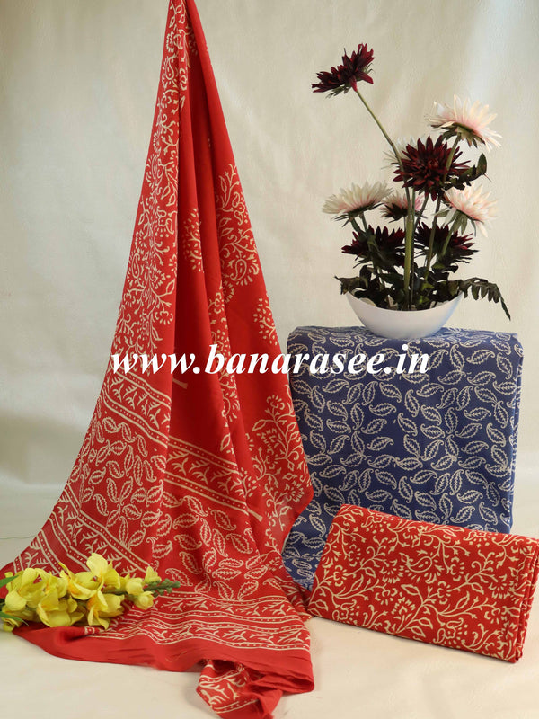 Handloom Mul Cotton Block Print Suit Set-Red & Blue