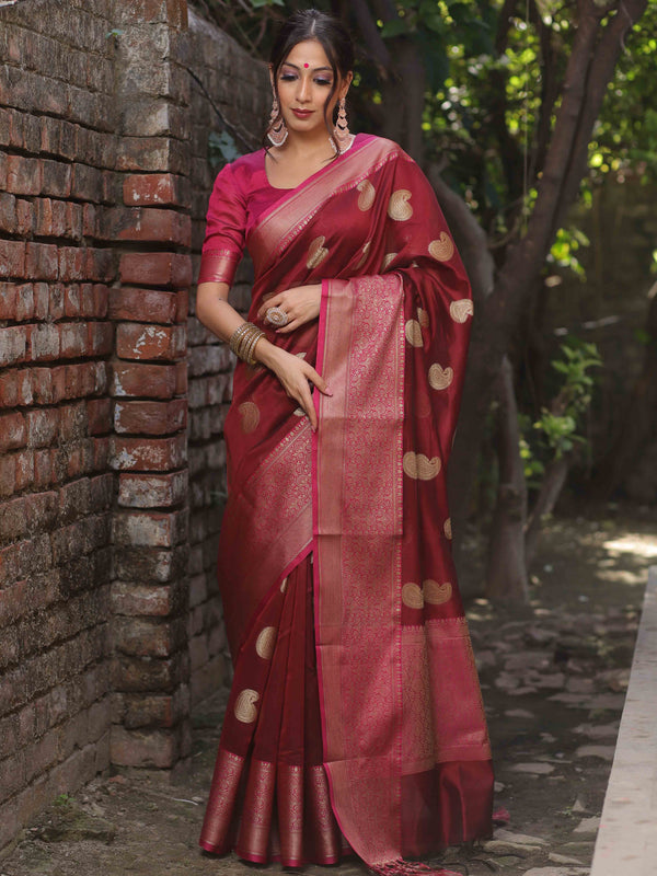 Banarasee Cotton Silk Mix Saree With Zari Paisley Buta-Maroon