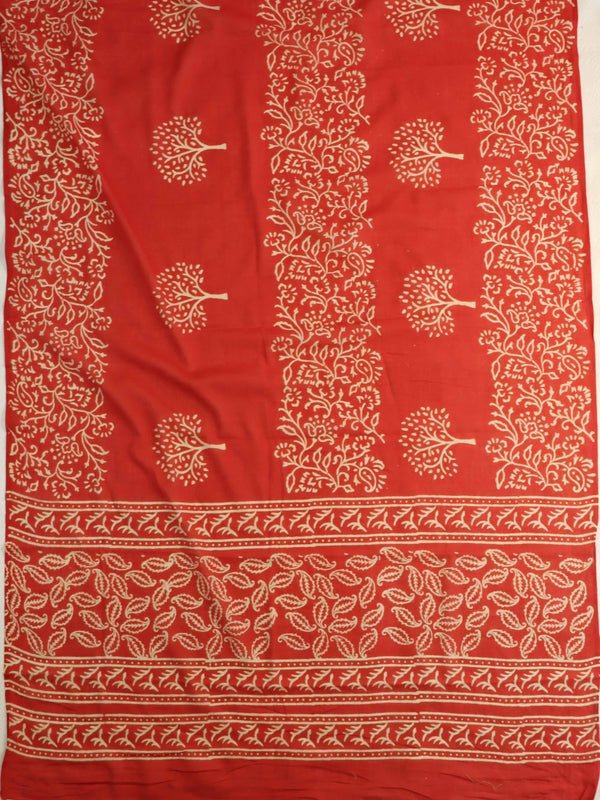 Handloom Mul Cotton Block Print Suit Set-Red & Blue