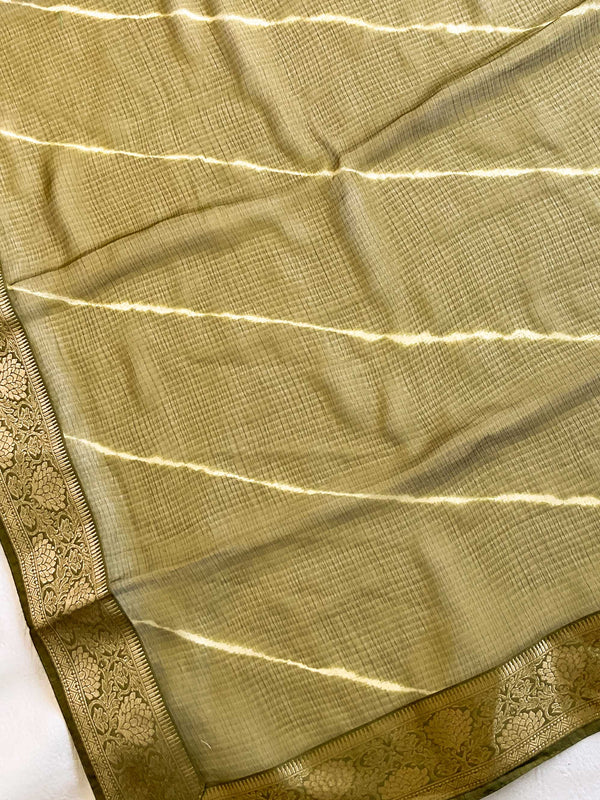 Banarasee Chiffon Blend Saree With Leheriya Body Zari Border & Brocade Blouse-Henna Green