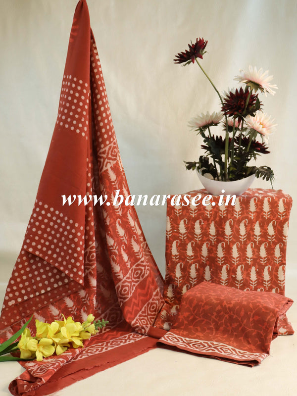 Handloom Mul Cotton Block Print Suit Set-Maroon
