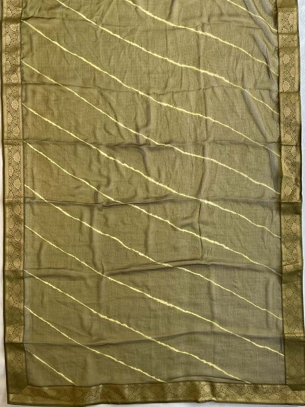 Banarasee Chiffon Blend Saree With Leheriya Body Zari Border & Brocade Blouse-Henna Green