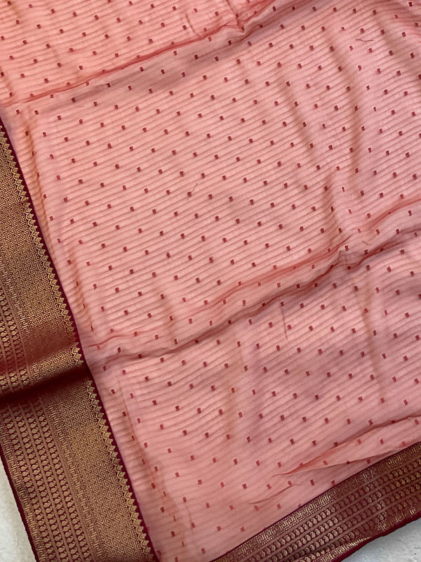 Banarasee Chiffon Blend Saree With Buti Work Zari Border & Brocade Blouse-Rose Pink & Red