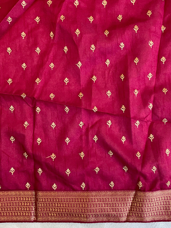 Banarasee Chiffon Blend Saree With Buti Work Zari Border & Brocade Blouse-Rose Pink & Red