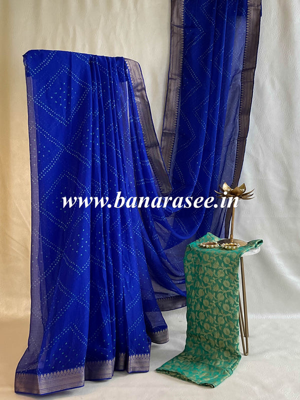 Banarasee Chiffon Blend Saree Chunri Print Zari Border & Silk Blouse-Royal Blue