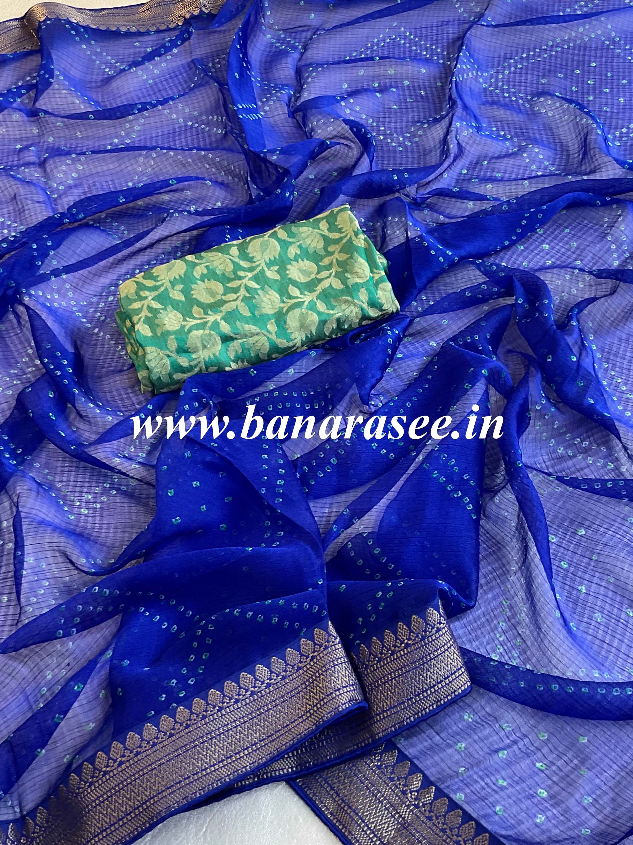 Banarasee Chiffon Blend Saree Chunri Print Zari Border & Silk Blouse-Royal Blue