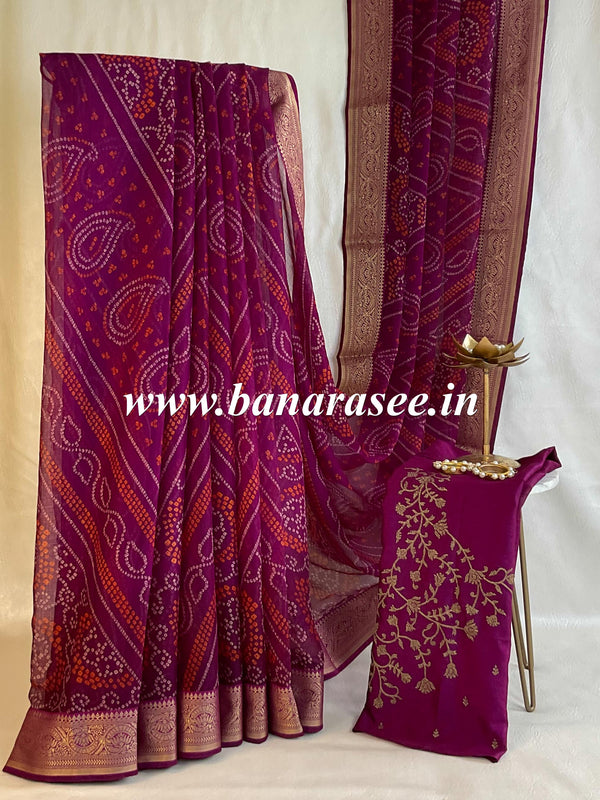 Banarasee Chiffon Blend Saree Chunri Print Zari Border & Silk Blouse-Violet