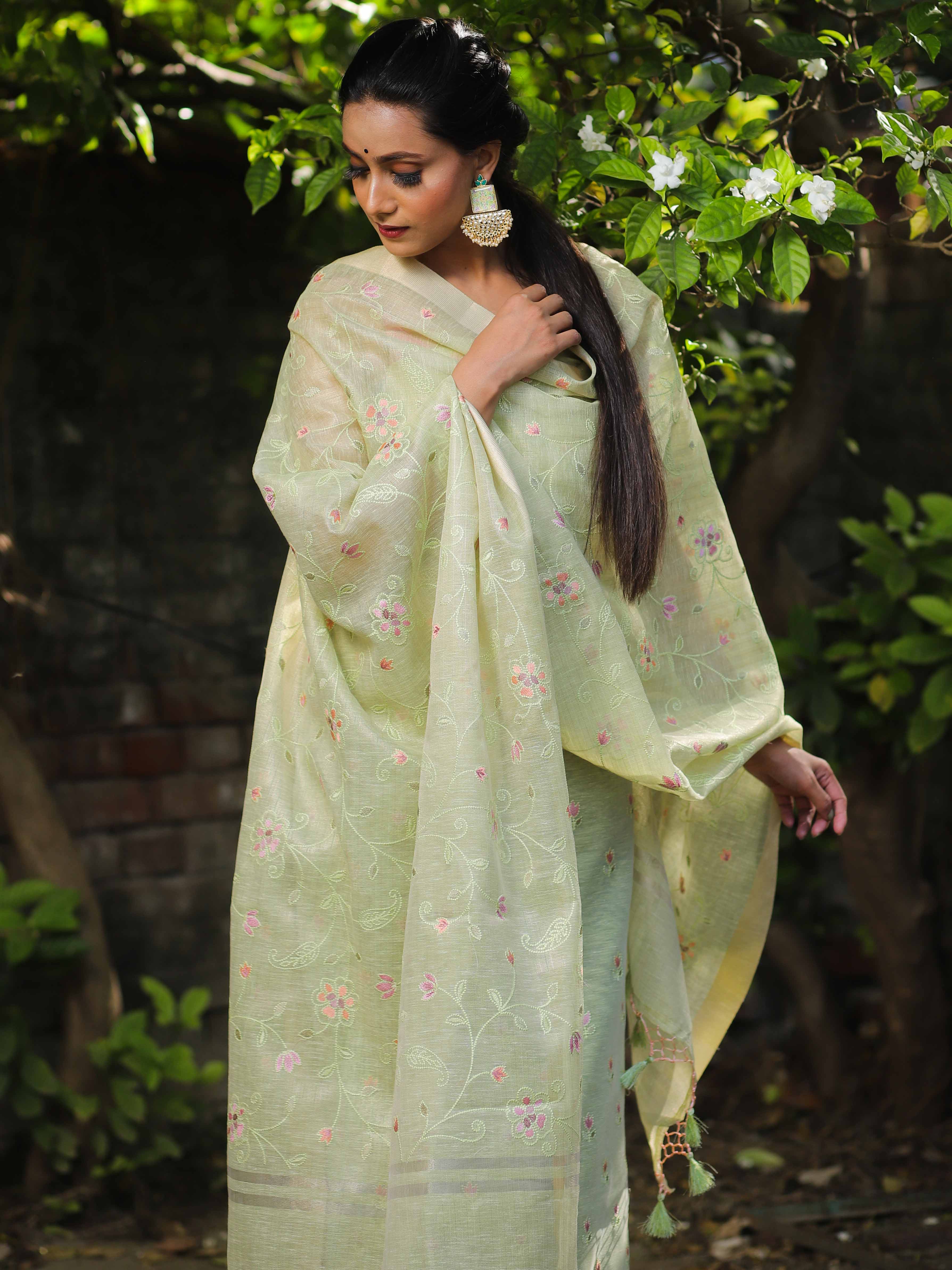 Banarasee Embroidered Linen Tissue Salwar Kameez With Dupatta-Pastel Green