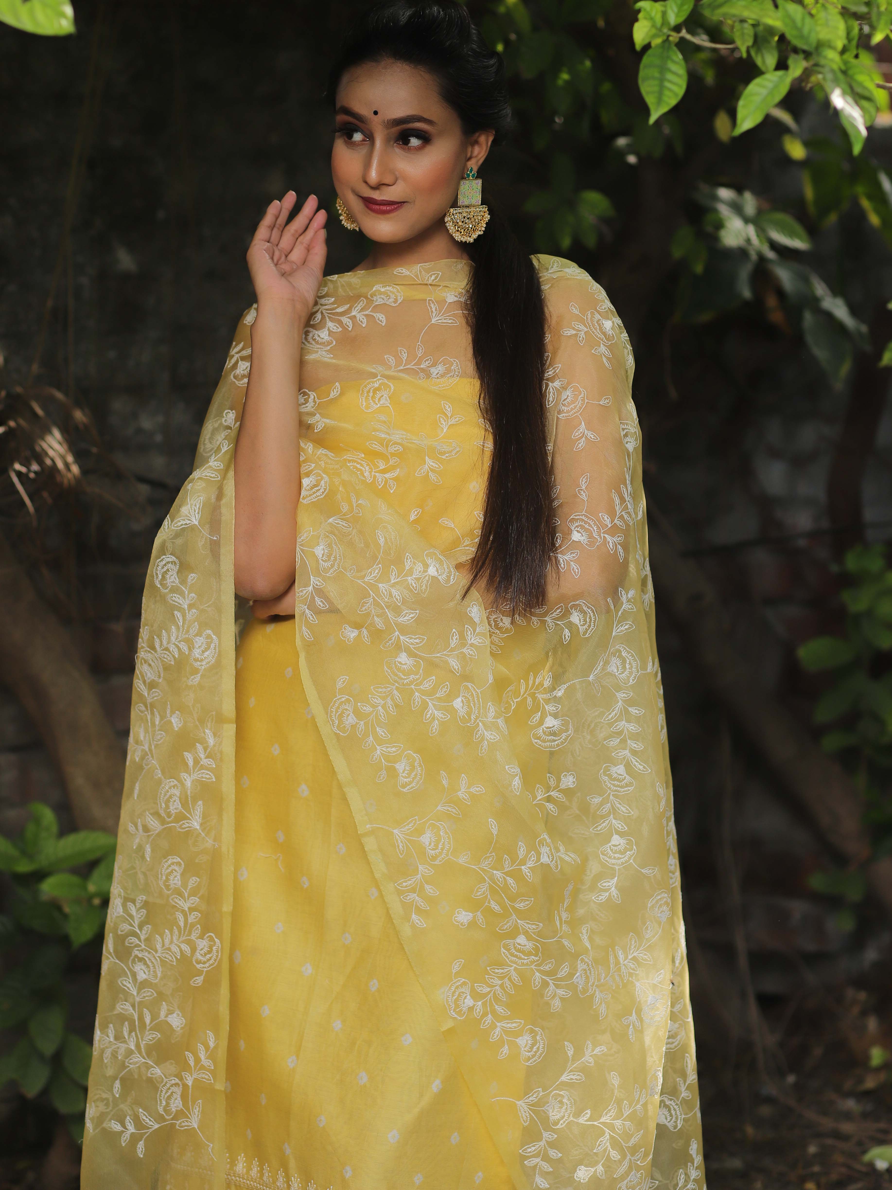 Banarasee Chanderi Cotton Embroidered Salwar Kameez Fabric With Organza Dupatta-Yellow