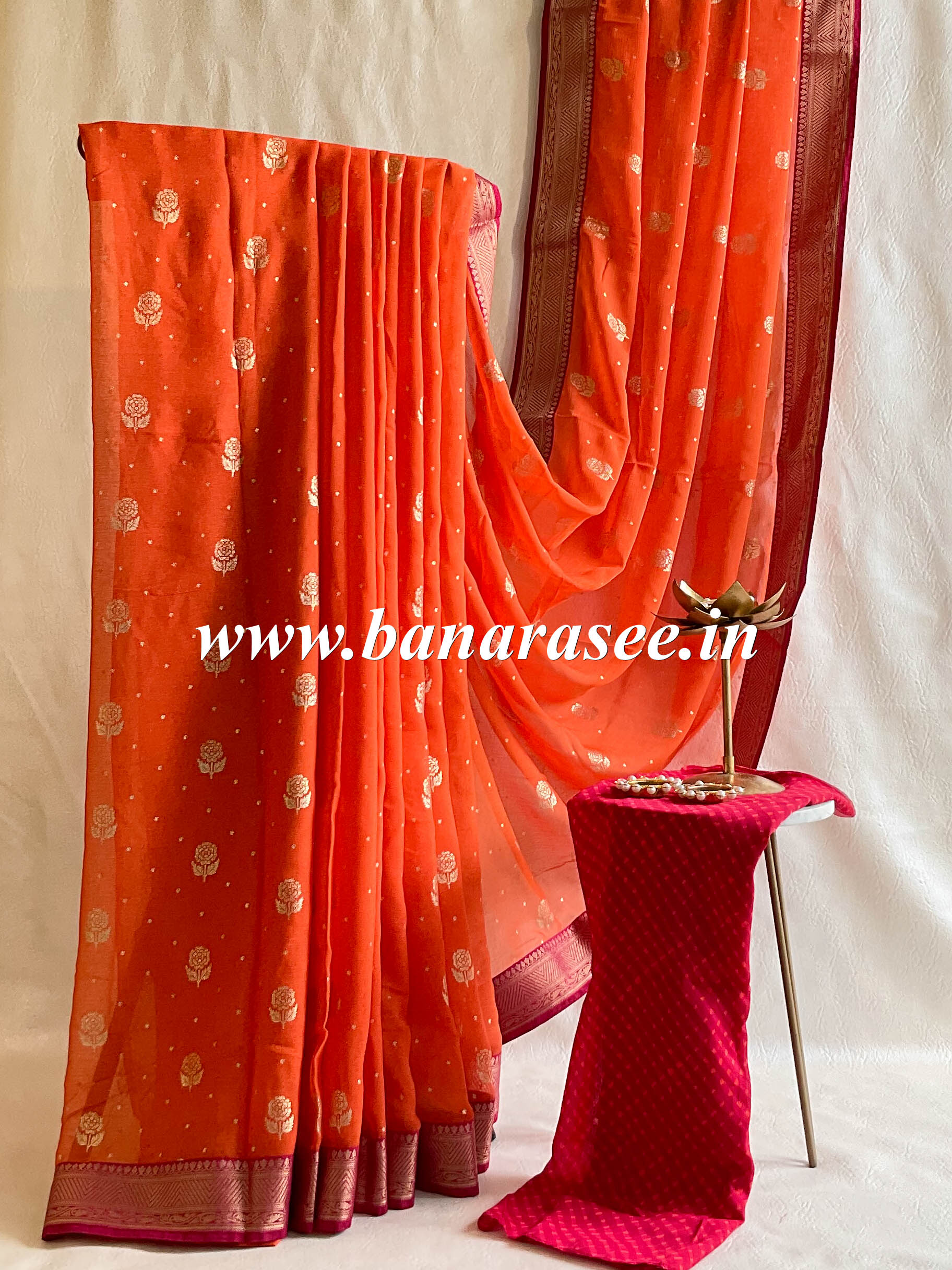 Banarasee Chiffon Blend Saree With Plain Body Zari Border & Brocade Blouse-Orange & Pink