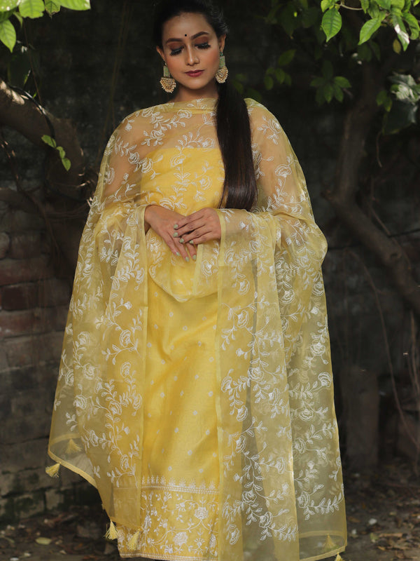 Banarasee Chanderi Cotton Embroidered Salwar Kameez Fabric With Organza Dupatta-Yellow