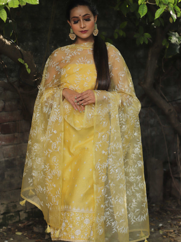 Banarasee Chanderi Cotton Embroidered Salwar Kameez Fabric With Organza Dupatta-Yellow