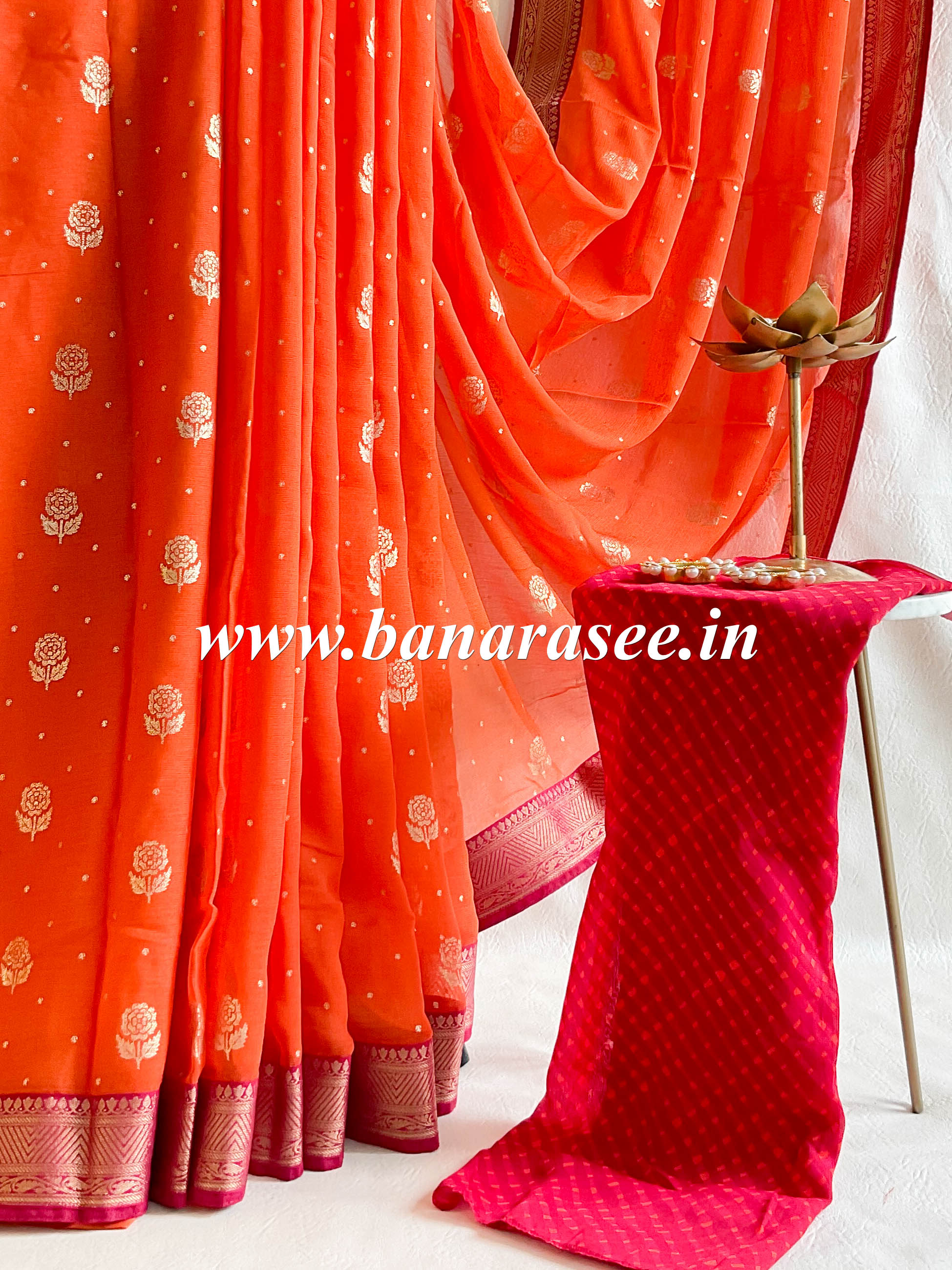 Banarasee Chiffon Blend Saree With Plain Body Zari Border & Brocade Blouse-Orange & Pink