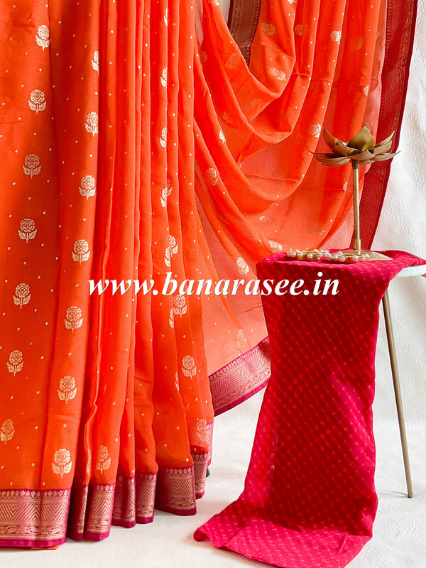 Banarasee Chiffon Blend Saree With Plain Body Zari Border & Brocade Blouse-Orange & Pink