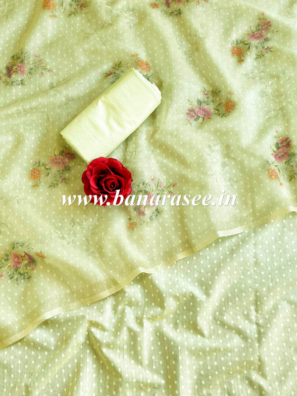 Banarasee Chanderi Cotton Resham Buti Salwar Kameez Fabric With Digital Print Kota Dupatta-Pastel Green