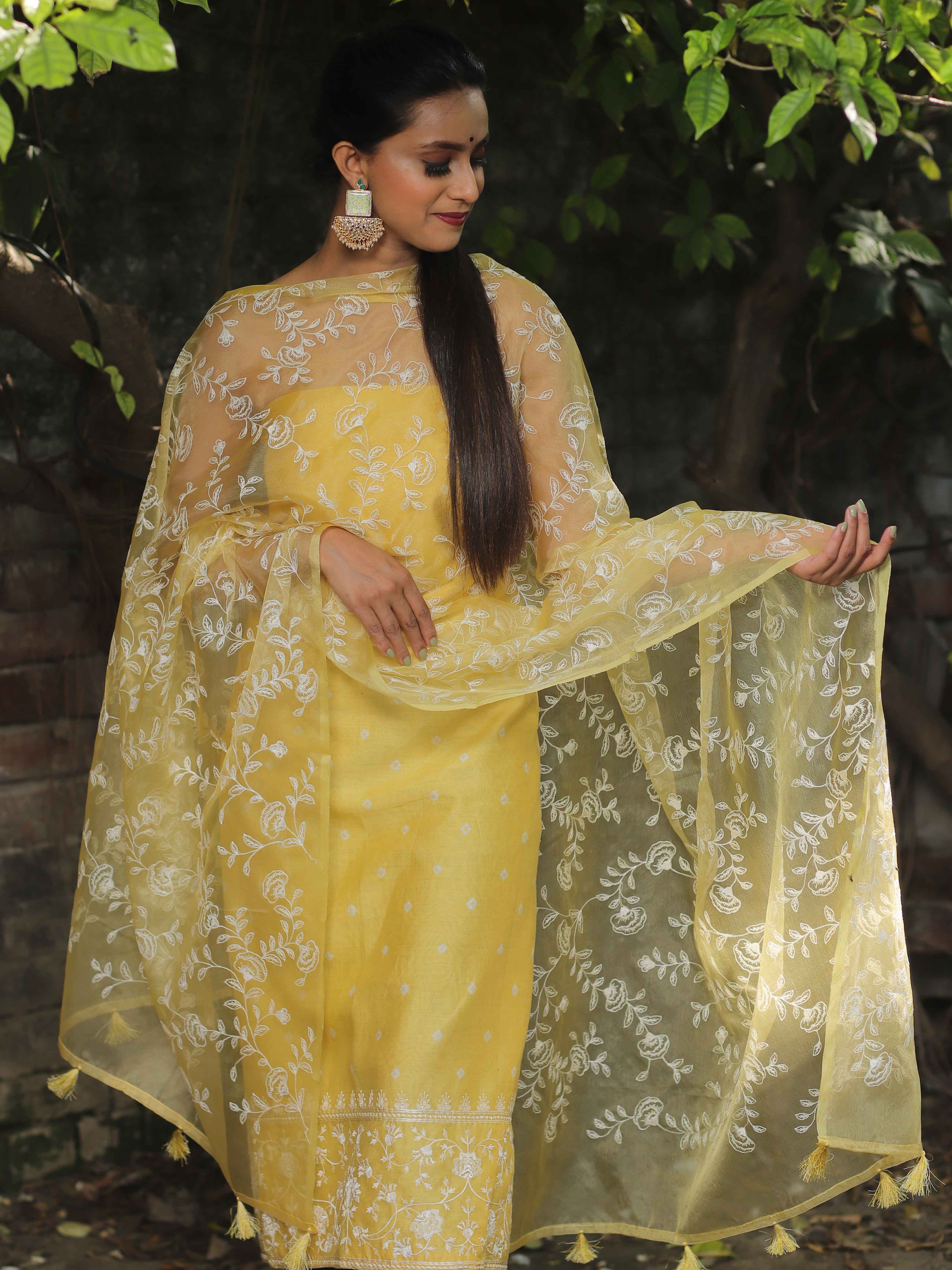 Banarasee Chanderi Cotton Embroidered Salwar Kameez Fabric With Organza Dupatta-Yellow