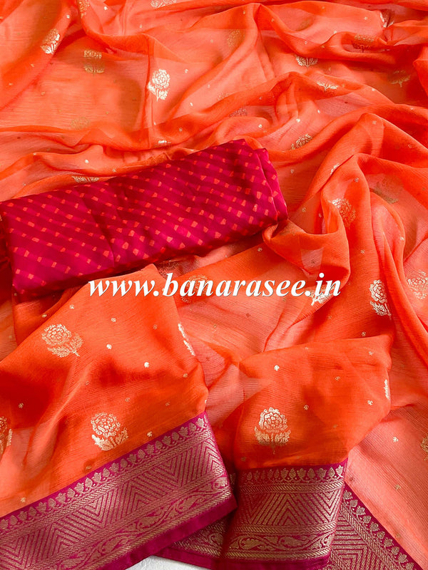 Banarasee Chiffon Blend Saree With Plain Body Zari Border & Brocade Blouse-Orange & Pink