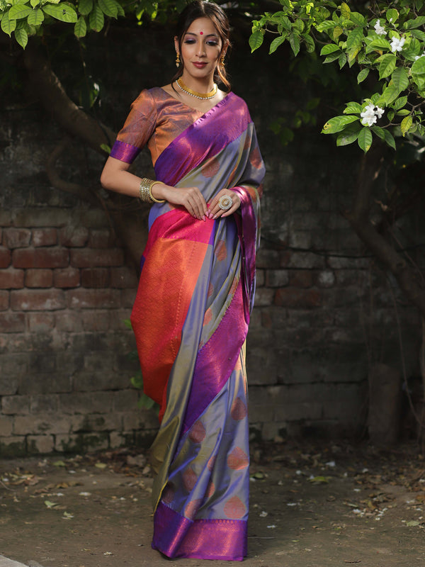 Banarasee Soft Semi Silk Saree With Contrast Border-Grey