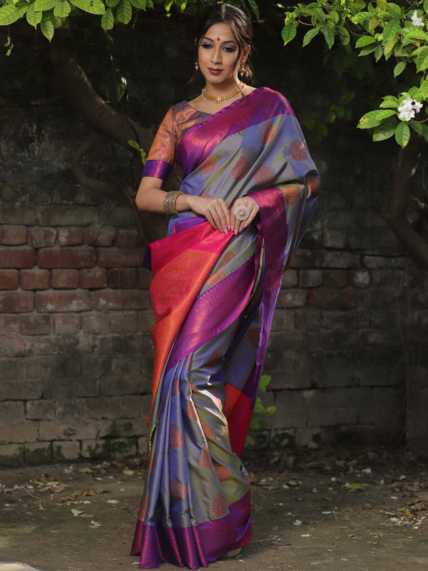 Banarasee Soft Semi Silk Saree With Contrast Border-Grey