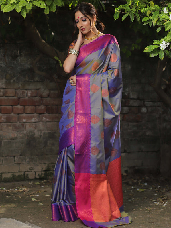 Banarasee Soft Semi Silk Saree With Contrast Border-Grey