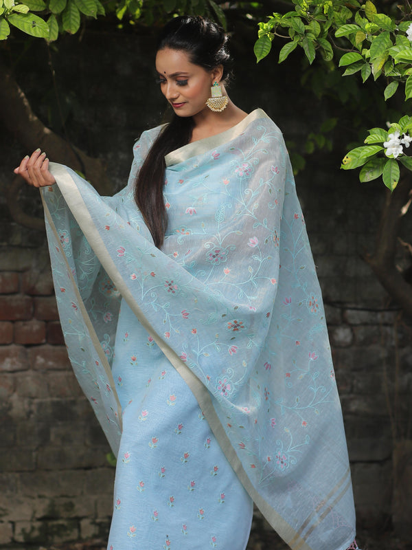Banarasee Embroidered Linen Tissue Salwar Kameez With Dupatta-Pastel Blue
