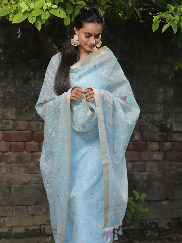 Banarasee Embroidered Linen Tissue Salwar Kameez With Dupatta-Pastel Blue