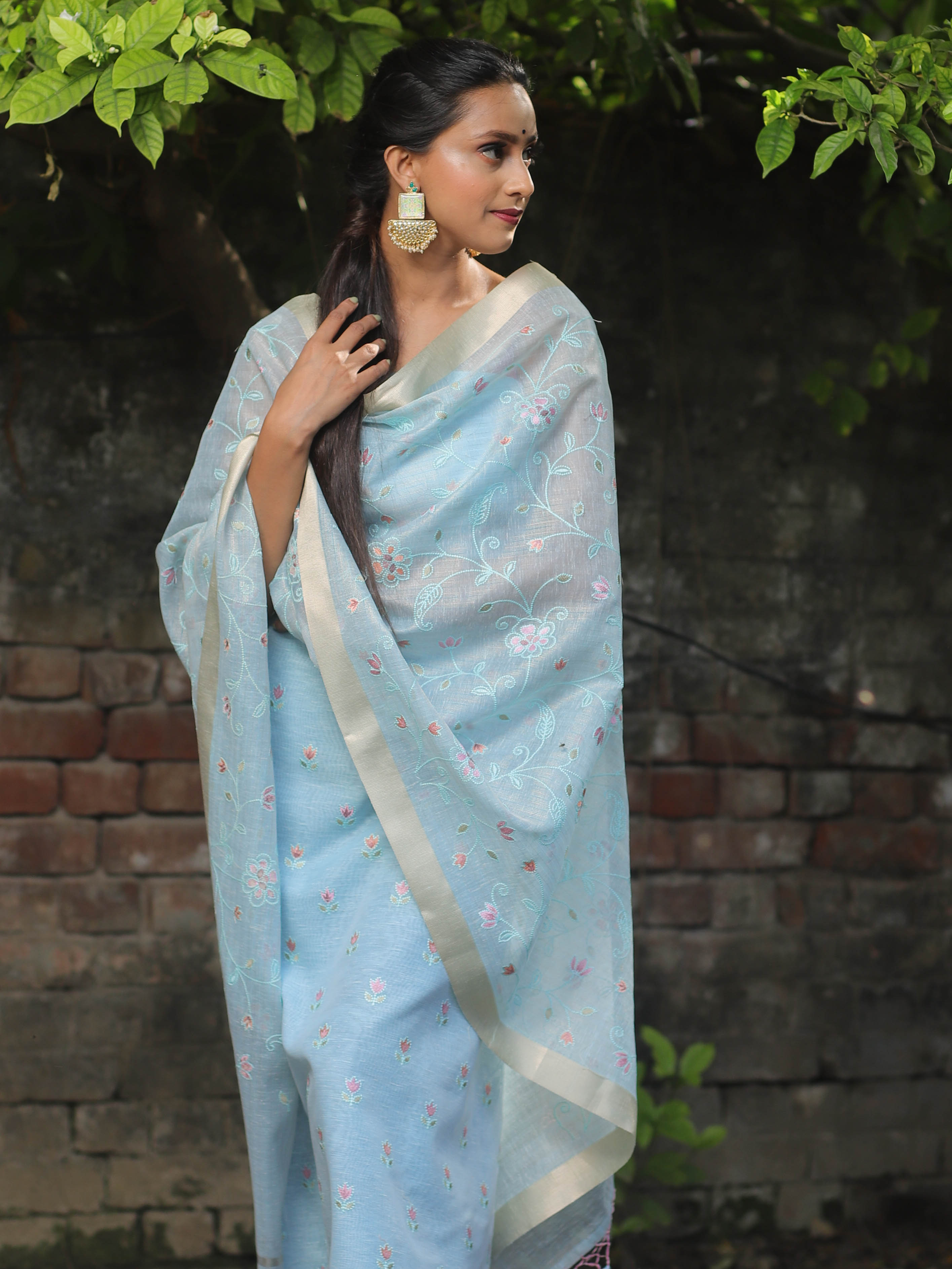 Banarasee Embroidered Linen Tissue Salwar Kameez With Dupatta-Pastel Blue