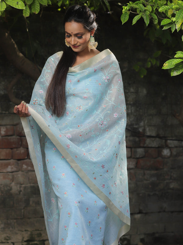 Banarasee Embroidered Linen Tissue Salwar Kameez With Dupatta-Pastel Blue