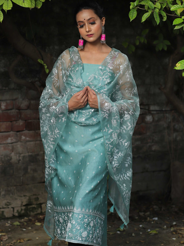 Banarasee Chanderi Cotton Embroidered Salwar Kameez Fabric With Organza Dupatta-Green