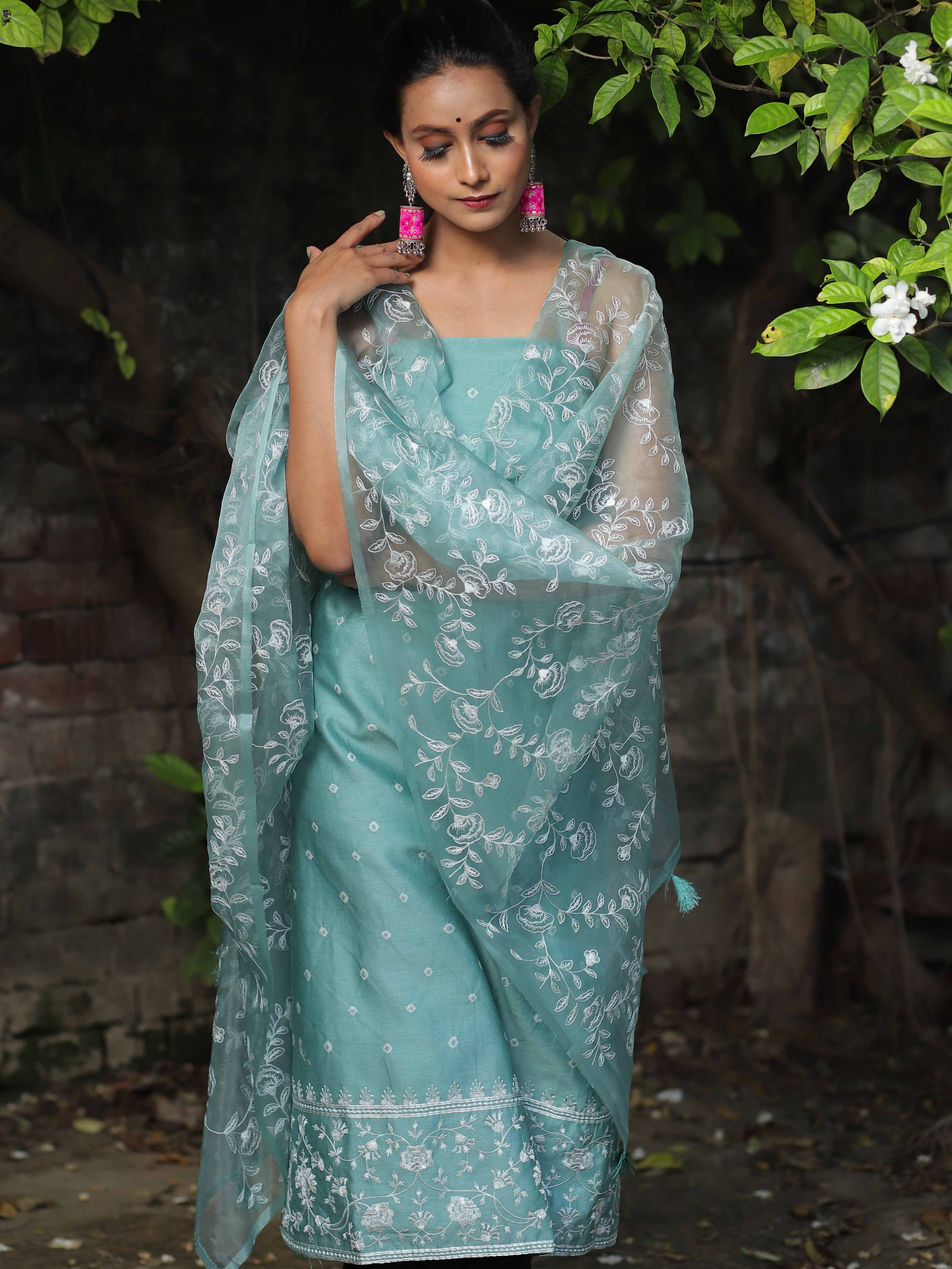 Banarasee Chanderi Cotton Embroidered Salwar Kameez Fabric With Organza Dupatta-Green