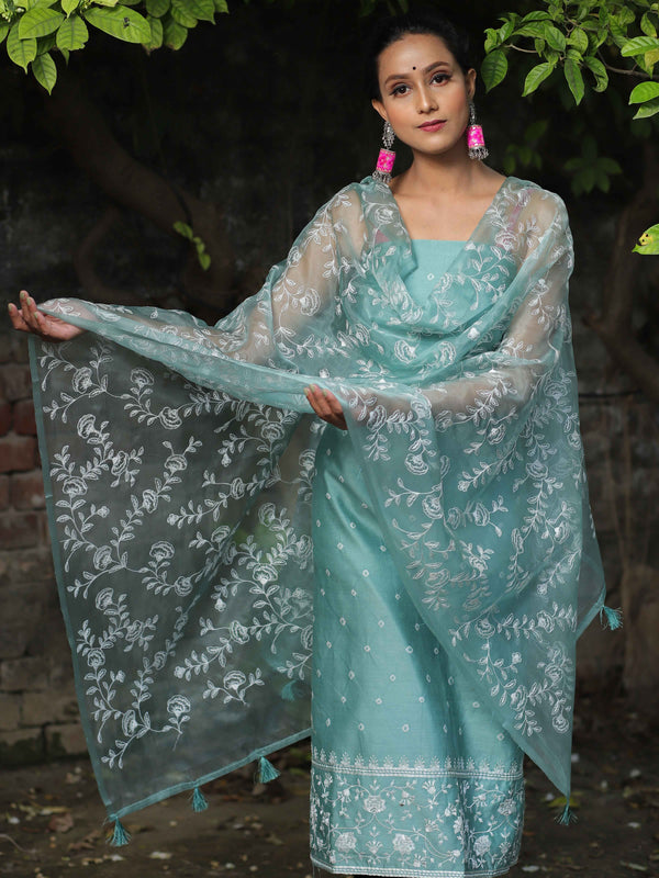 Banarasee Chanderi Cotton Embroidered Salwar Kameez Fabric With Organza Dupatta-Green