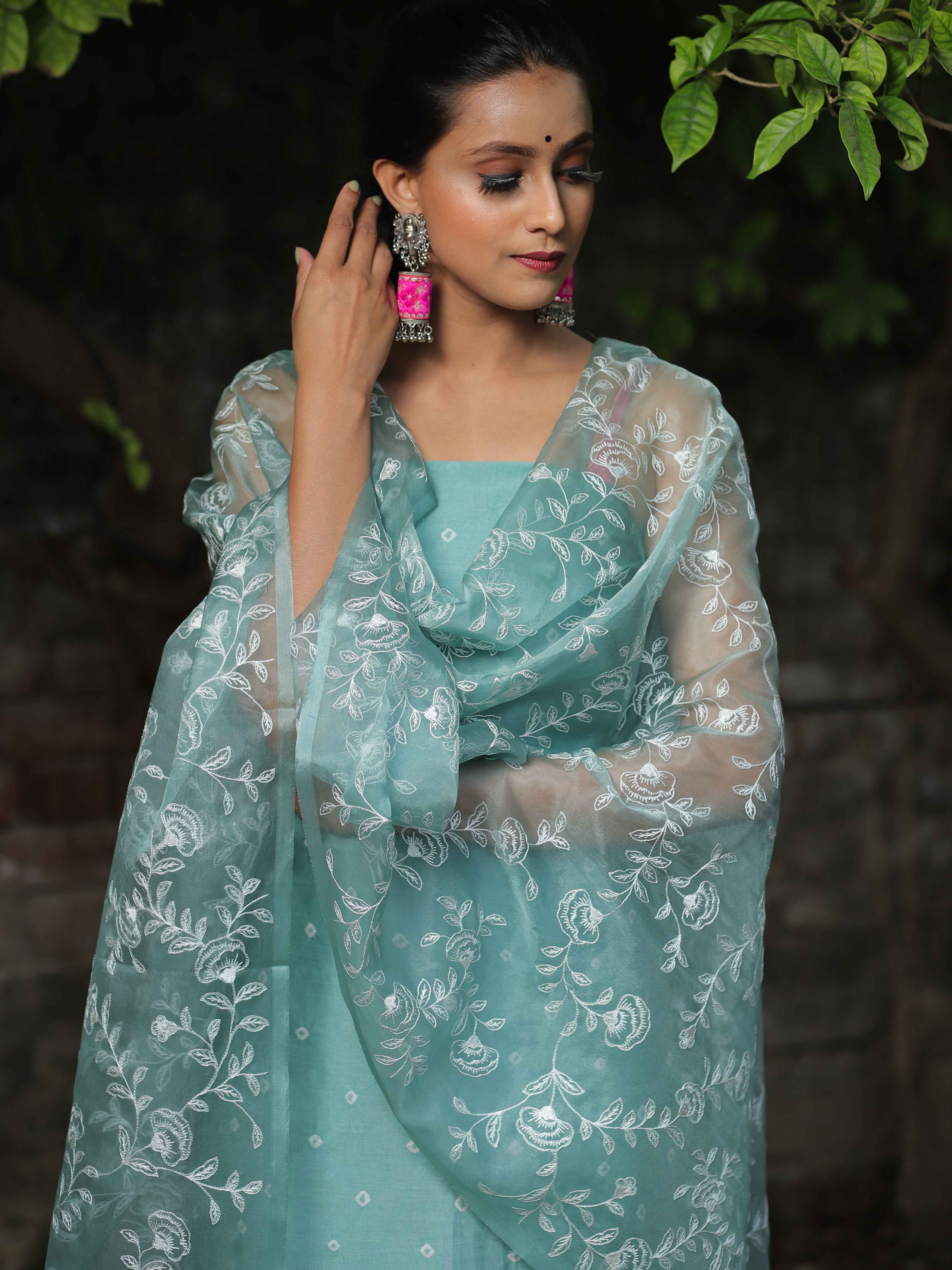 Banarasee Chanderi Cotton Embroidered Salwar Kameez Fabric With Organza Dupatta-Green