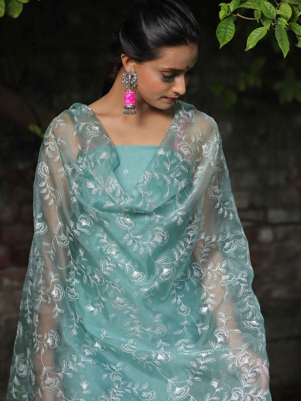 Banarasee Chanderi Cotton Embroidered Salwar Kameez Fabric With Organza Dupatta-Green