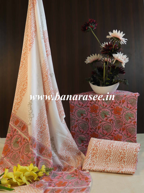 Handloom Mul Cotton Block Print Suit Set-White & Pink