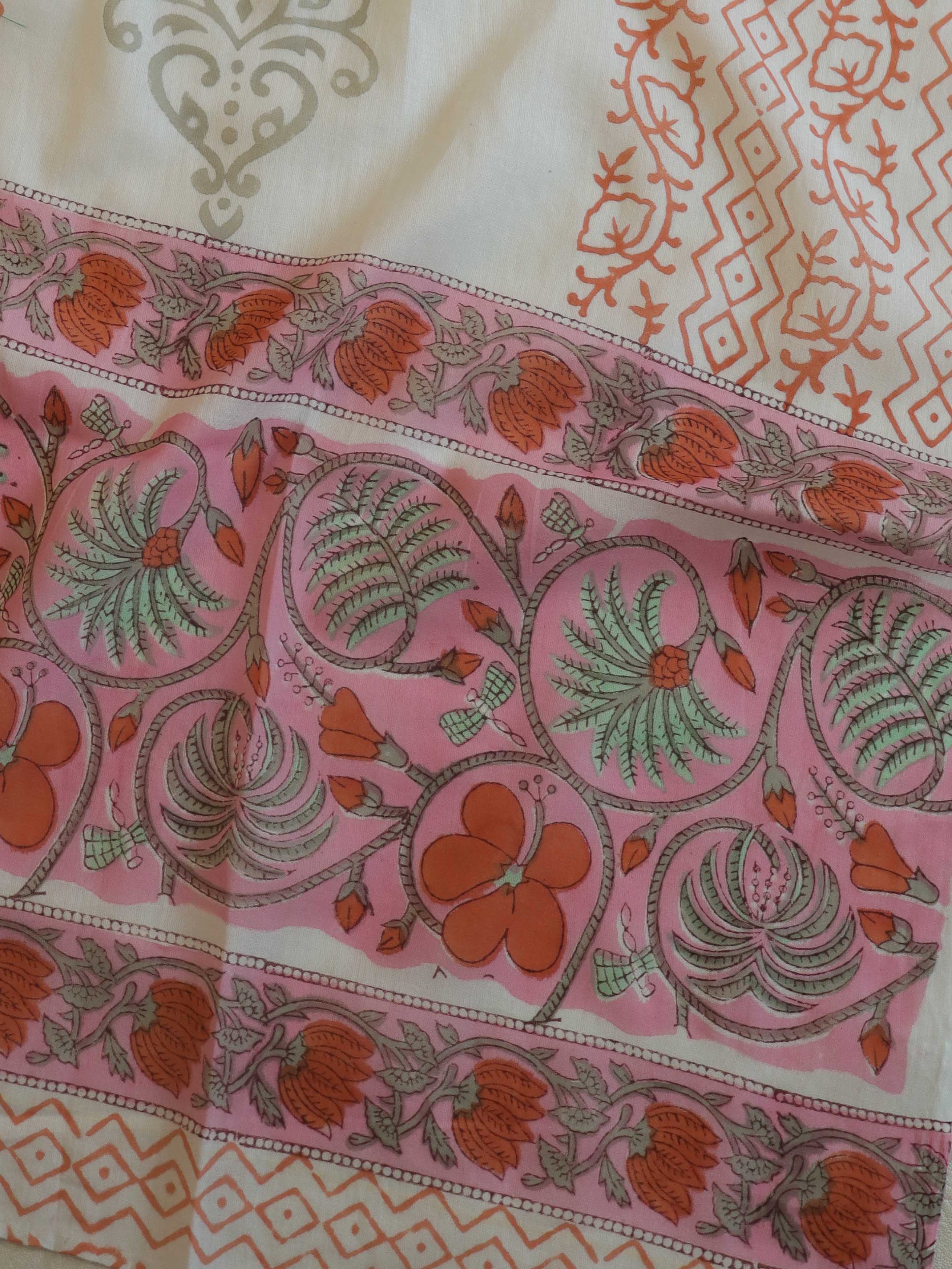 Handloom Mul Cotton Block Print Suit Set-White & Pink