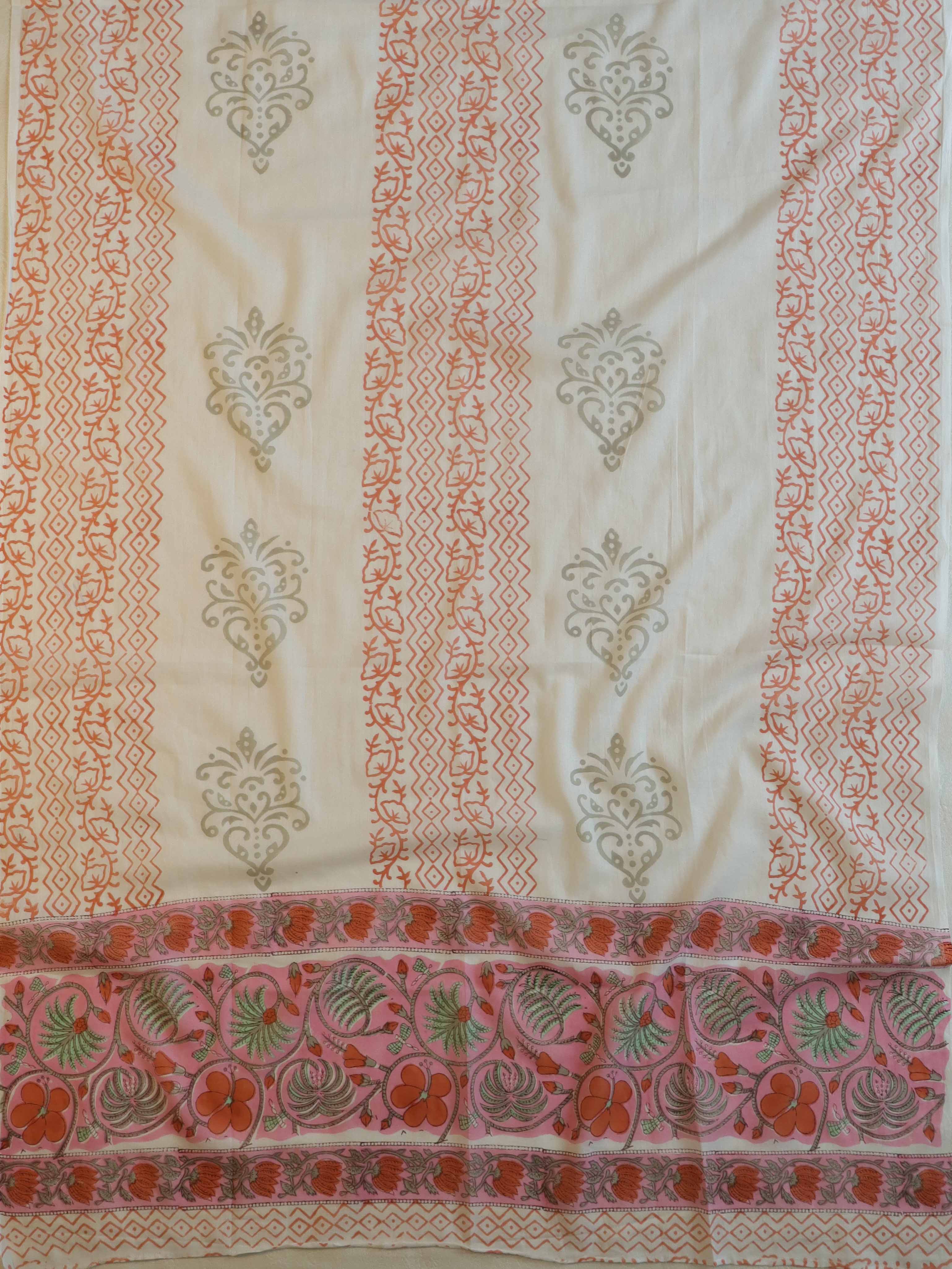 Handloom Mul Cotton Block Print Suit Set-White & Pink