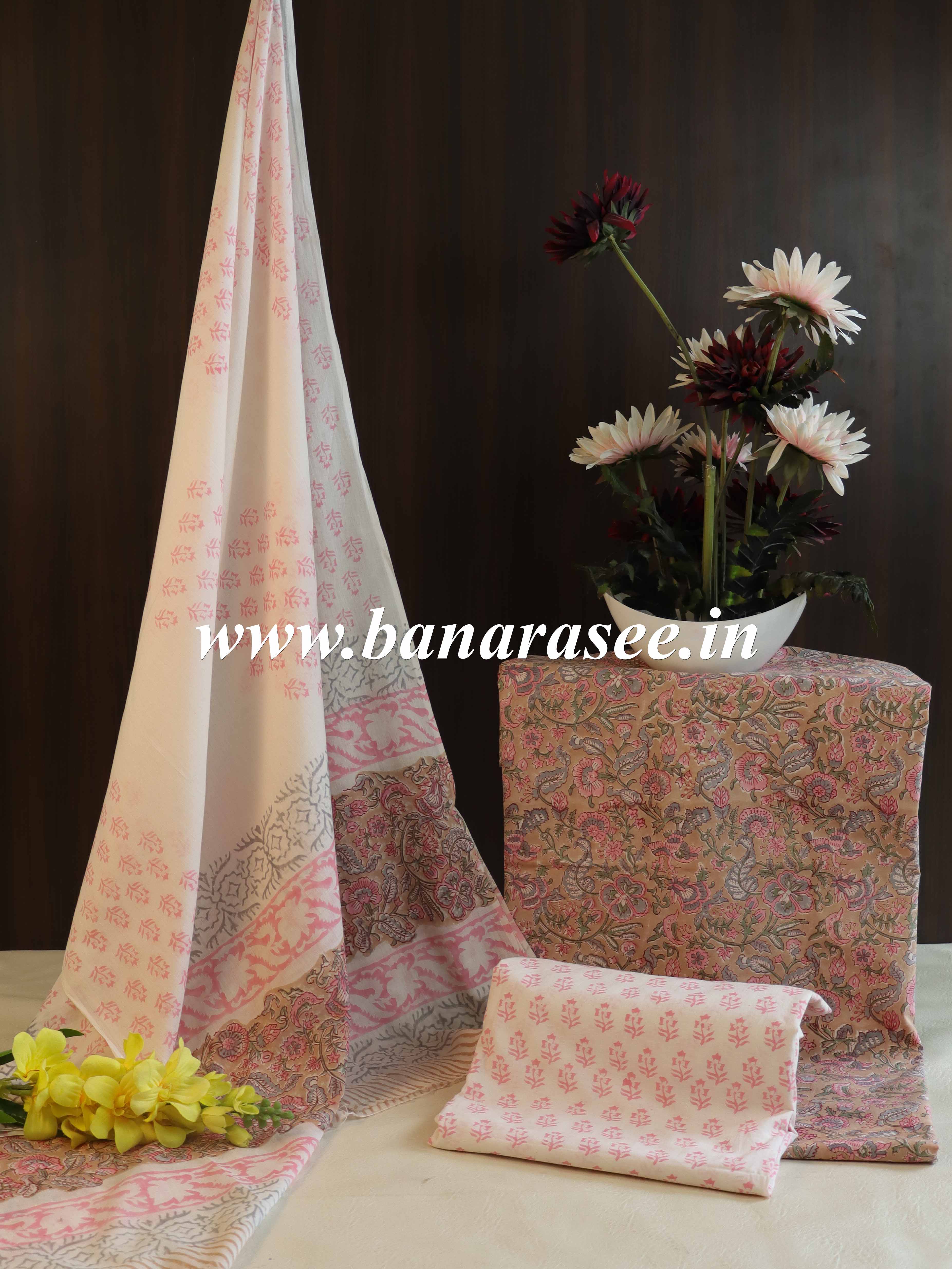 Handloom Mul Cotton Block Print Suit Set-White & Light Brown