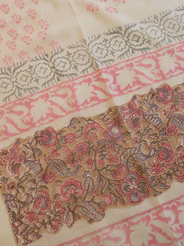 Handloom Mul Cotton Block Print Suit Set-White & Light Brown