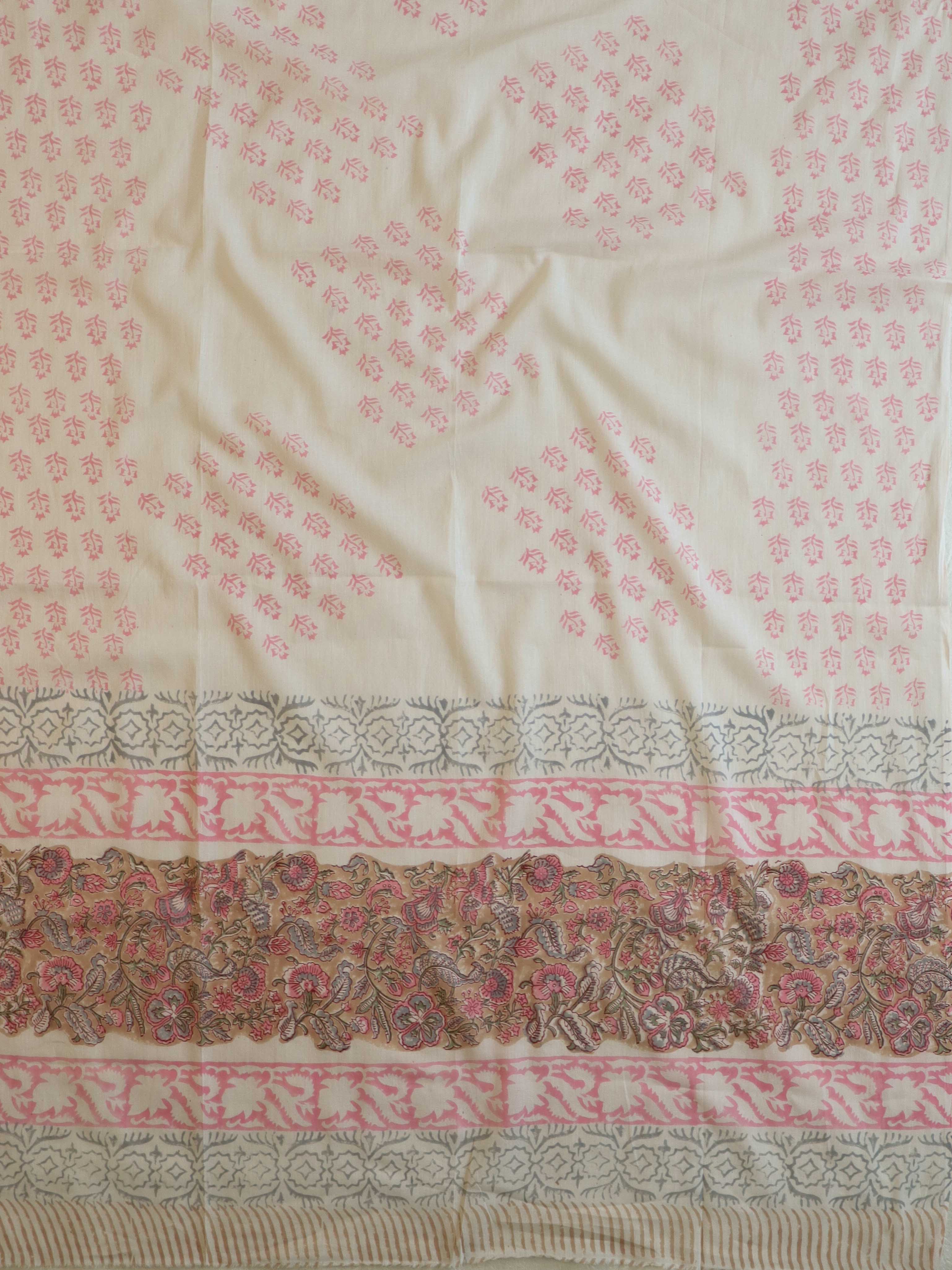 Handloom Mul Cotton Block Print Suit Set-White & Light Brown