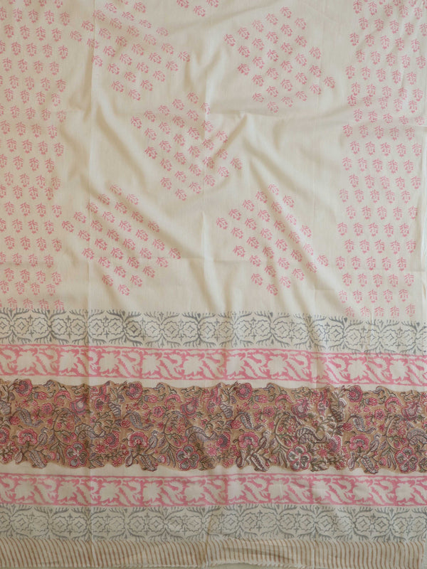 Handloom Mul Cotton Block Print Suit Set-White & Light Brown