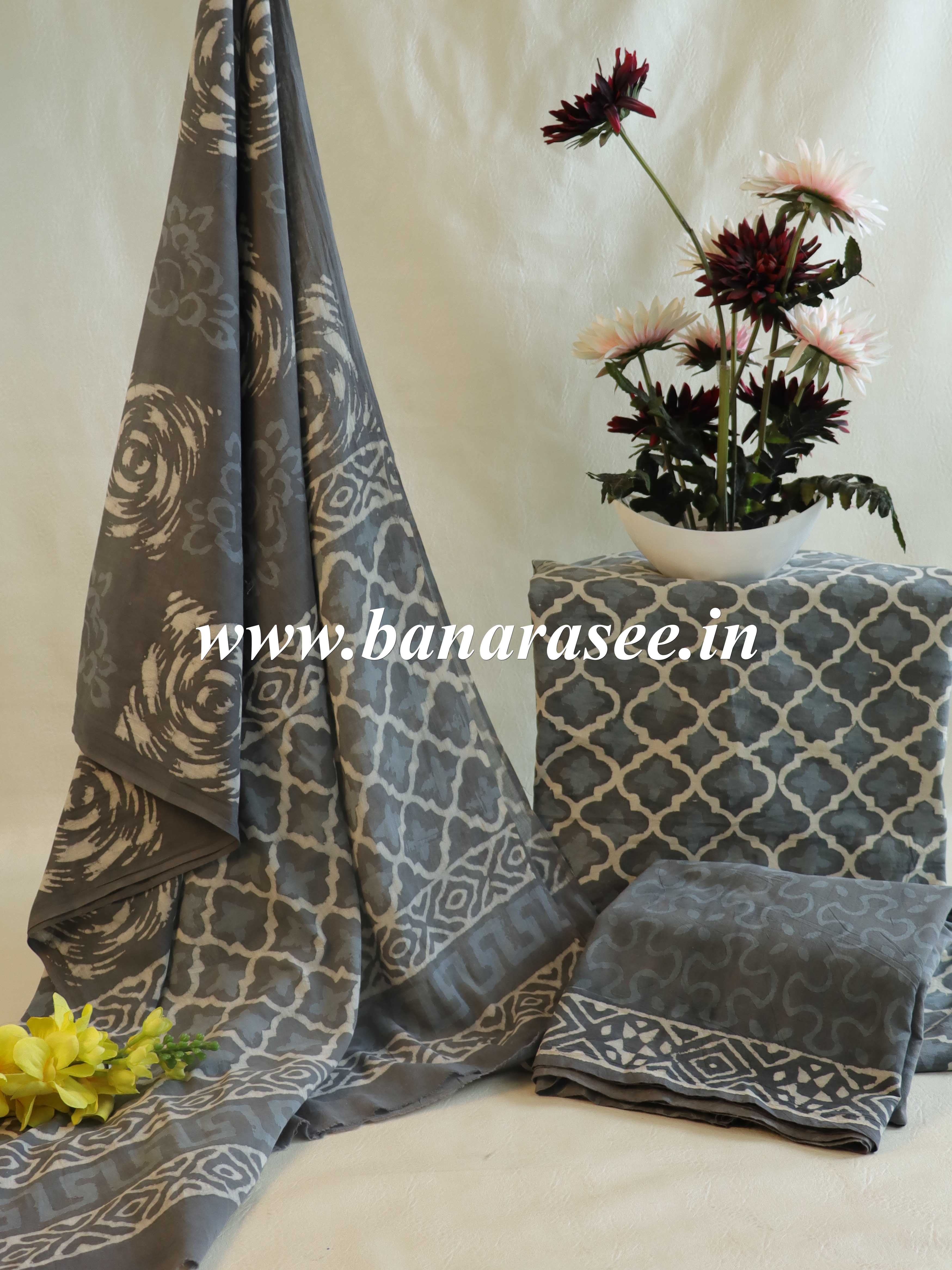 Handloom Mul Cotton Block Print Suit Set-Grey