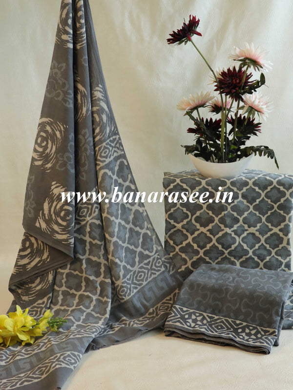 Handloom Mul Cotton Block Print Suit Set-Grey