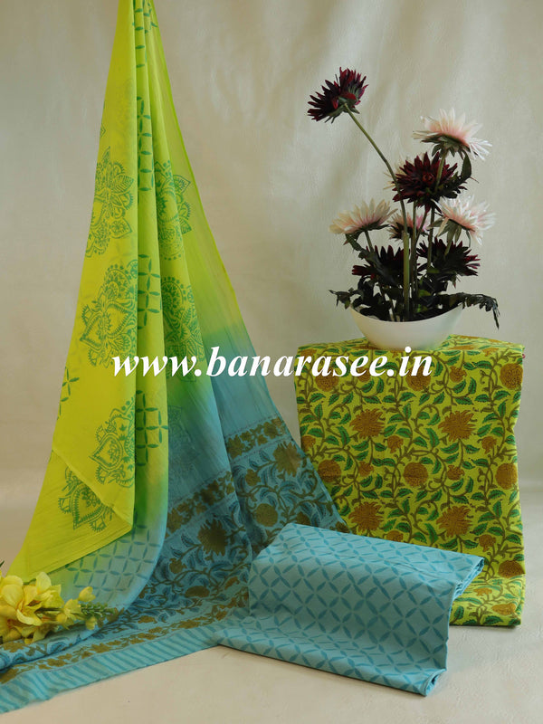 Handloom Mul Cotton Block Print Suit Set-Green & Blue