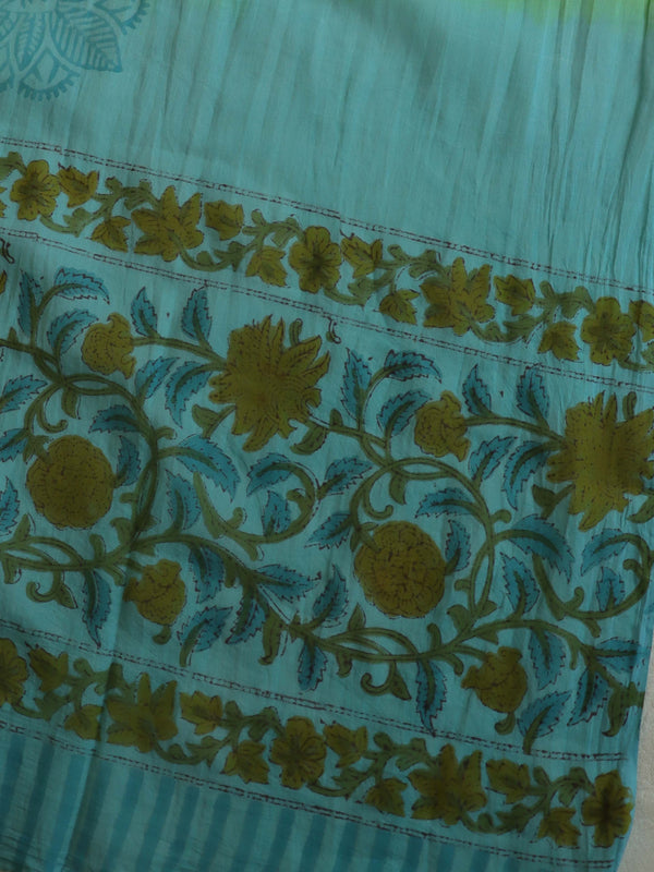 Handloom Mul Cotton Block Print Suit Set-Green & Blue