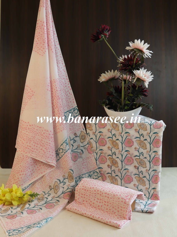 Handloom Mul Cotton Block Print Suit Set-White