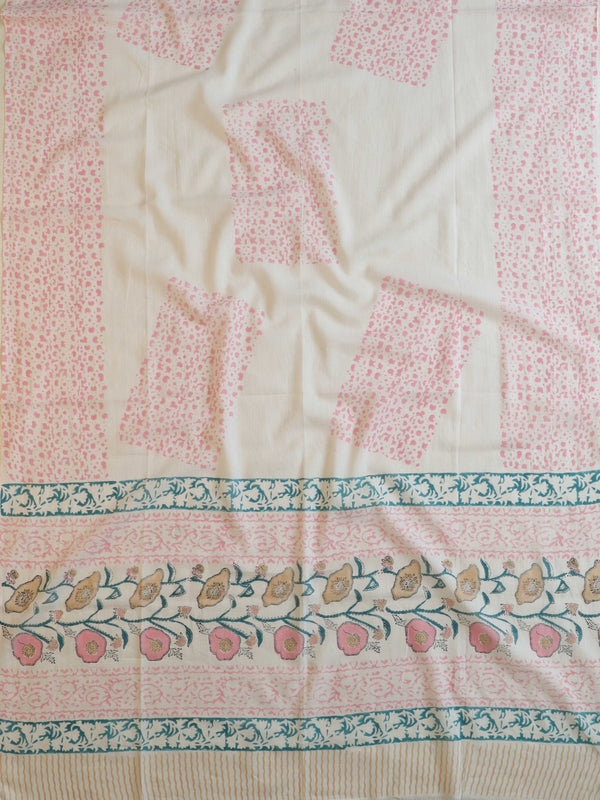 Handloom Mul Cotton Block Print Suit Set-White