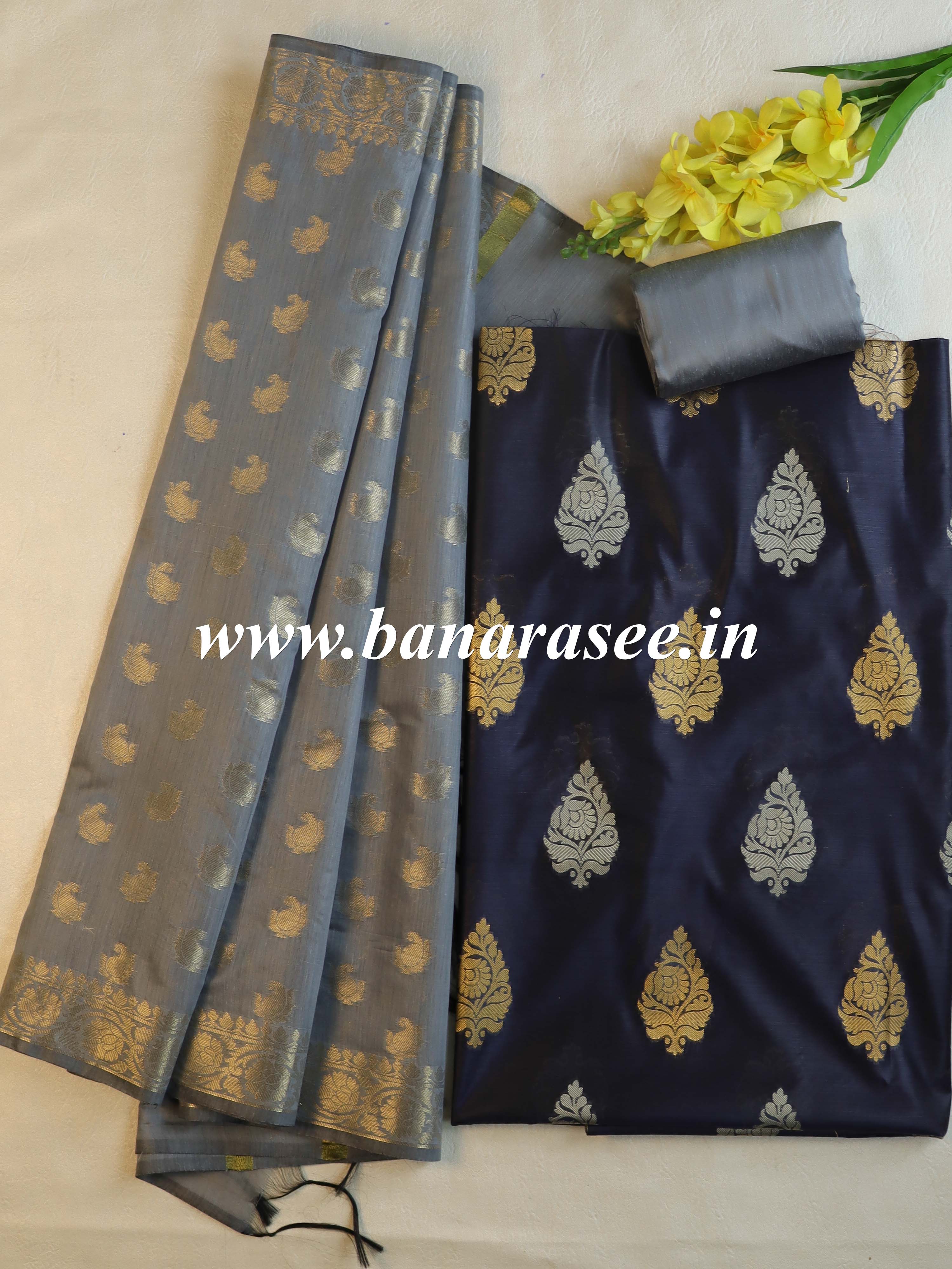 Banarasee Cotton Silk Salwar Kameez Fabric & Dupatta-Grey & Blue